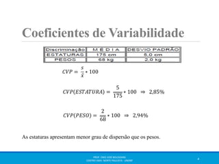 Coeficientes de Variabilidade 
As estaturas apresentam menor grau de dispersão que os pesos. 
PROF. ENIO JOSÉ BOLOGNINI 
CENTRO UNIV. NORTE PAULISTA - UNORP 4 
 