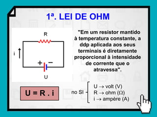 1ª. LEI DE OHM
           "Em um resistor mantido
         à temperatura constante, a
            ddp aplicada aos seus
           terminais é diretamente
         proporcional à intensidade
              de corrente que o
                 atravessa".


                U  volt (V)
U=R.i   no SI   R  ohm ()
                i  ampère (A)
 