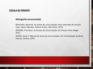 ESCOLA DE TORONTO
Bibliografia recomendada
MCLUHAN, Marshall. Os meios de comunicação como extensão do homem.
Trad.: Décio Pignatari. Editora Cultrix, São Paulo, 1979
RÜDGER, Francisco. As teorias da comunicação. Ed. Penso, Porto Alegre:
2011
SERRA, Paulo J. Manual de teoria da comunicação. Ed. Universidade da Beira
Interior, Covilha, 2007.
 