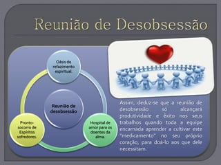 Reunião de
desobsessão
Oásis de
refazimento
espiritual.
Hospital de
amor para os
doentes da
alma.
Pronto-
socorro de
Espíritos
sofredores.
Assim, deduz-se que a reunião de
desobsessão só alcançará
produtividade e êxito nos seus
trabalhos quando toda a equipe
encarnada aprender a cultivar este
“medicamento” no seu próprio
coração, para doá-lo aos que dele
necessitam.
 