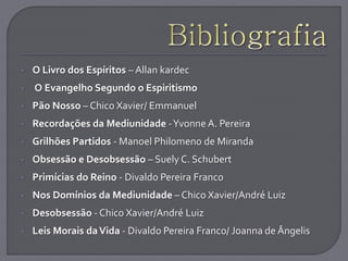 • O Livro dos Espíritos – Allan kardec
• O Evangelho Segundo o Espiritismo
• Pão Nosso – Chico Xavier/ Emmanuel
• Recordações da Mediunidade -Yvonne A. Pereira
• Grilhões Partidos - Manoel Philomeno de Miranda
• Obsessão e Desobsessão – Suely C. Schubert
• Primícias do Reino - Divaldo Pereira Franco
• Nos Domínios da Mediunidade – Chico Xavier/André Luiz
• Desobsessão - Chico Xavier/André Luiz
• Leis Morais daVida - Divaldo Pereira Franco/ Joanna de Ângelis
 