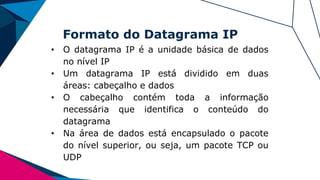Formato do Datagrama IP
• O datagrama IP é a unidade básica de dados
no nível IP
• Um datagrama IP está dividido em duas
áreas: cabeçalho e dados
• O cabeçalho contém toda a informação
necessária que identifica o conteúdo do
datagrama
• Na área de dados está encapsulado o pacote
do nível superior, ou seja, um pacote TCP ou
UDP
 