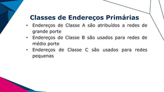 Classes de Endereços Primárias
• Endereços de Classe A são atribuídos a redes de
grande porte
• Endereços de Classe B são usados para redes de
médio porte
• Endereços de Classe C são usados para redes
pequenas
 