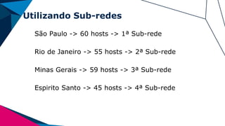 Utilizando Sub-redes
São Paulo -> 60 hosts -> 1ª Sub-rede
Rio de Janeiro -> 55 hosts -> 2ª Sub-rede
Minas Gerais -> 59 hosts -> 3ª Sub-rede
Espirito Santo -> 45 hosts -> 4ª Sub-rede
 