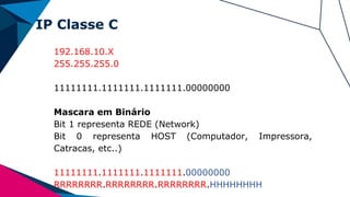 IP Classe C
192.168.10.X
255.255.255.0
11111111.1111111.1111111.00000000
Mascara em Binário
Bit 1 representa REDE (Network)
Bit 0 representa HOST (Computador, Impressora,
Catracas, etc..)
11111111.1111111.1111111.00000000
RRRRRRRR.RRRRRRRR.RRRRRRRR.HHHHHHHH
 
