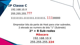 IP Classe C
192.168.10.X
255.255.255.???
11111111.1111111.1111111. 11100000
Emprestar bits da parte de Host para criar subredes.
2 elevado ao numero de bits “1” (Subrede)
2³ = 8 Sub-redes
Máscara
192.168.10.X
255.255.255.224
 