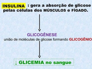 INSULINA : gera a absorção de glicose  pelas células dos  MÚSCULOS  e  FÍGADO . ↓  GLICEMIA no sangue  GLICOGÊNESE :  união de moléculas de glicose formando  GLICOGÊNIO 