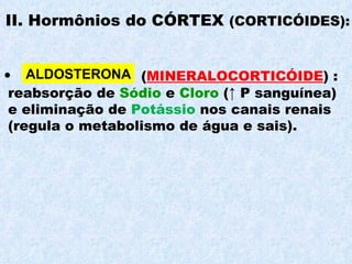II. Hormônios do CÓRTEX  (CORTICÓIDES): ( MINERALOCORTICÓIDE ) : reabsorção de  Sódio  e  Cloro  (↑ P sanguínea) e eliminação de  Potássio  nos canais renais  (regula o metabolismo de água e sais). ALDOSTERONA 