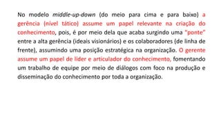 No modelo middle-up-down (do meio para cima e para baixo) a
gerência (nível tático) assume um papel relevante na criação do
conhecimento, pois, é por meio dela que acaba surgindo uma “ponte”
entre a alta gerência (ideais visionários) e os colaboradores (de linha de
frente), assumindo uma posição estratégica na organização. O gerente
assume um papel de líder e articulador do conhecimento, fomentando
um trabalho de equipe por meio de diálogos com foco na produção e
disseminação do conhecimento por toda a organização.
 