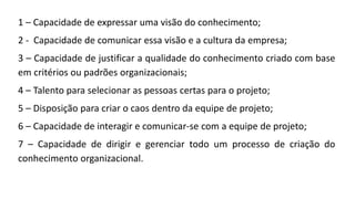 1 – Capacidade de expressar uma visão do conhecimento;
2 - Capacidade de comunicar essa visão e a cultura da empresa;
3 – Capacidade de justificar a qualidade do conhecimento criado com base
em critérios ou padrões organizacionais;
4 – Talento para selecionar as pessoas certas para o projeto;
5 – Disposição para criar o caos dentro da equipe de projeto;
6 – Capacidade de interagir e comunicar-se com a equipe de projeto;
7 – Capacidade de dirigir e gerenciar todo um processo de criação do
conhecimento organizacional.
 