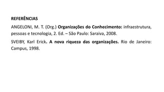 REFERÊNCIAS
ANGELONI, M. T. (Org.) Organizações do Conhecimento: infraestrutura,
pessoas e tecnologia, 2. Ed. – São Paulo: Saraiva, 2008.
SVEIBY, Karl Erick. A nova riqueza das organizações. Rio de Janeiro:
Campus, 1998.
 