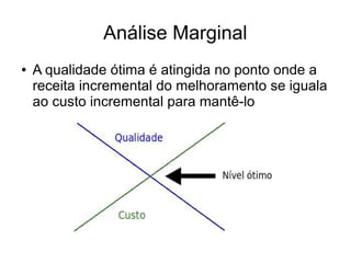 Análise Marginal
● A qualidade ótima é atingida no ponto onde a
receita incremental do melhoramento se iguala
ao custo incremental para mantê-lo
 