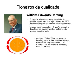 Pioneiros da qualidade
William Edwards Deming
● Ensinava métodos para administração de
qualidade para executivos japoneses em 1950
(considerado pai da qualidade pelos japoneses)
● Uma de suas frases-chave é que “o executivo
deve fazer os outros trabalhar melhor, e não
apenas trabalhar mais”
● Autor do “Ciclo PDCA” ou “Ciclo de
Deming”, espiral da melhoria contínua,
baseada na seqüência Plan – Do –
Control – Act (ou Planejar, Executar,
Verificar, Atuar.)
 