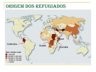 Origem dos refugiados Colômbia Sudão Afeganistão Iraque Somália 