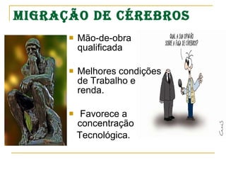 Migração de cérebros Mão-de-obra qualificada Melhores condições de Trabalho e renda. Favorece a concentração Tecnológica. 