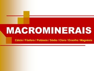MACROMINERAIS
Cálcio / Fósforo / Potássio / Sódio / Cloro / Enxofre / Magnésio
 
