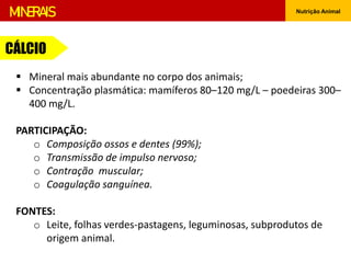 Nutrição Animal
CÁLCIO
MINERAIS
 Mineral mais abundante no corpo dos animais;
 Concentração plasmática: mamíferos 80–120 mg/L – poedeiras 300–
400 mg/L.
PARTICIPAÇÃO:
o Composição ossos e dentes (99%);
o Transmissão de impulso nervoso;
o Contração muscular;
o Coagulação sanguínea.
FONTES:
o Leite, folhas verdes-pastagens, leguminosas, subprodutos de
origem animal.
 