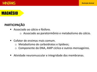 Nutrição Animal
MINERAIS
MAGNÉSIO
 Associado ao cálcio e fósforo.
o Associado ao paratormônio e metabolismo do cálcio.
 Cofator de enzimas mais comum.
o Metabolismo de carboidratos e lipídeos;
o Componente do DNA, AMP cíclico e outros mensageiros.
 Atividade neuromuscular e integridade das membranas.
PARTICIPAÇÃO
 