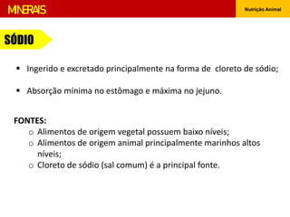 Nutrição Animal
MINERAIS
 Ingerido e excretado principalmente na forma de cloreto de sódio;
 Absorção mínima no estômago e máxima no jejuno.
SÓDIO
FONTES:
o Alimentos de origem vegetal possuem baixo níveis;
o Alimentos de origem animal principalmente marinhos altos
níveis;
o Cloreto de sódio (sal comum) é a principal fonte.
 