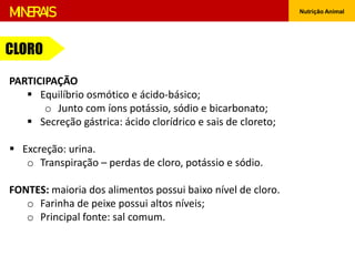 Nutrição Animal
MINERAIS
CLORO
PARTICIPAÇÃO
 Equilíbrio osmótico e ácido-básico;
o Junto com íons potássio, sódio e bicarbonato;
 Secreção gástrica: ácido clorídrico e sais de cloreto;
 Excreção: urina.
o Transpiração – perdas de cloro, potássio e sódio.
FONTES: maioria dos alimentos possui baixo nível de cloro.
o Farinha de peixe possui altos níveis;
o Principal fonte: sal comum.
 