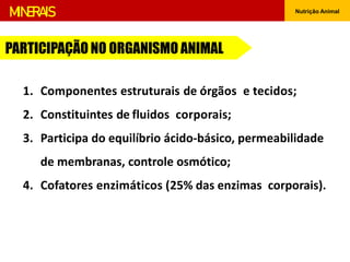 Nutrição Animal
PARTICIPAÇÃO NO ORGANISMO ANIMAL
1. Componentes estruturais de órgãos e tecidos;
2. Constituintes de fluidos corporais;
3. Participa do equilíbrio ácido-básico, permeabilidade
de membranas, controle osmótico;
4. Cofatores enzimáticos (25% das enzimas corporais).
MINERAIS
 