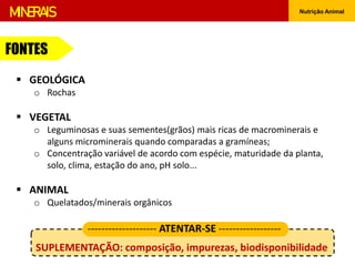 Nutrição Animal
MINERAIS
 GEOLÓGICA
o Rochas
 VEGETAL
o Leguminosas e suas sementes(grãos) mais ricas de macrominerais e
alguns microminerais quando comparadas a gramíneas;
o Concentração variável de acordo com espécie, maturidade da planta,
solo, clima, estação do ano, pH solo...
 ANIMAL
o Quelatados/minerais orgânicos
FONTES
SUPLEMENTAÇÃO: composição, impurezas, biodisponibilidade
-------------------- ATENTAR-SE ------------------
 