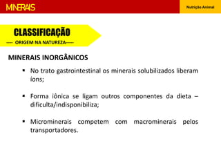 Nutrição Animal
MINERAIS
MINERAIS INORGÂNICOS
 No trato gastrointestinal os minerais solubilizados liberam
íons;
 Forma iônica se ligam outros componentes da dieta –
dificulta/indisponibiliza;
 Microminerais competem com macrominerais pelos
transportadores.
CLASSIFICAÇÃO
---- ORIGEM NA NATUREZA-----
 