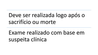Deve ser realizada logo após o
sacrifício ou morte
Exame realizado com base em
suspeita clínica
 