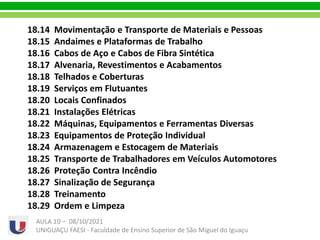 18.14 Movimentação e Transporte de Materiais e Pessoas
18.15 Andaimes e Plataformas de Trabalho
18.16 Cabos de Aço e Cabos de Fibra Sintética
18.17 Alvenaria, Revestimentos e Acabamentos
18.18 Telhados e Coberturas
18.19 Serviços em Flutuantes
18.20 Locais Confinados
18.21 Instalações Elétricas
18.22 Máquinas, Equipamentos e Ferramentas Diversas
18.23 Equipamentos de Proteção Individual
18.24 Armazenagem e Estocagem de Materiais
18.25 Transporte de Trabalhadores em Veículos Automotores
18.26 Proteção Contra Incêndio
18.27 Sinalização de Segurança
18.28 Treinamento
18.29 Ordem e Limpeza
AULA 10 – 08/10/2021
UNIGUAÇU FAESI - Faculdade de Ensino Superior de São Miguel do Iguaçu
 
