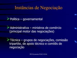 Instâncias de Negociação

Política – governamental
Administrativa – ministros de comércio
  (principal motor das negociações)

Técnica – grupos de negociações, comissão
  tripartite, de apoio técnico e comitês de
  negociação

                 PET-Economia FEAC-UFAL
 