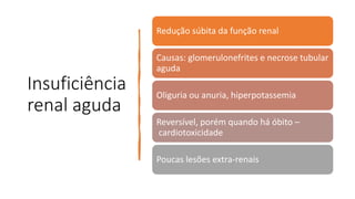 Insuficiência
renal aguda
Redução súbita da função renal
Causas: glomerulonefrites e necrose tubular
aguda
Oliguria ou anuria, hiperpotassemia
Reversível, porém quando há óbito –
cardiotoxicidade
Poucas lesões extra-renais
 