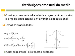 Distribuições amostral da média

Considere uma variável aleatória X cujos parâmetros são
  a média populacional e 2 a variância populacional.

Temos as propriedades:
 