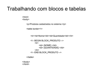 Trabalhando com blocos e tabelas
      <html>
      <body>

         <p>Produtos cadastrados no sistema:</p>

         <table border=1>


                <tr><td>Nome</td><td>Quantidade</td></tr>

                <!-- BEGIN BLOCK_PRODUTO -->
                     <tr>
                          <td> {NOME} </td>
                          <td> {QUANTIDADE} </td>
                     </tr>
                <!-- END BLOCK_PRODUTO -->

         </table>

      </body>
      </html>
 