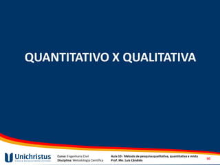 Curso: Engenharia Civil
Disciplina: Metodologia Científica
Aula 10 - Método de pesquisa qualitativa, quantitativa e mista
Prof. Me. Luis Cândido
QUANTITATIVO X QUALITATIVA
30
 