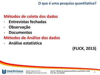 Curso: Engenharia Civil
Disciplina: Metodologia Científica
Aula 10 - Método de pesquisa qualitativa, quantitativa e mista
Prof. Me. Luis Cândido
O que é uma pesquisa quantitativa?
Métodos de coleta dos dados
- Entrevistas fechadas
- Observação
- Documentos
Métodos de Análise dos dados
- Análise estatística
(FLICK, 2013)
8
 