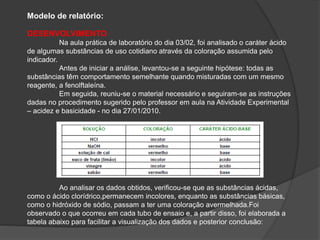 Modelo de relatório:
DESENVOLVIMENTO
Na aula prática de laboratório do dia 03/02, foi analisado o caráter ácido
de algumas substâncias de uso cotidiano através da coloração assumida pelo
indicador.
Antes de iniciar a análise, levantou-se a seguinte hipótese: todas as
substâncias têm comportamento semelhante quando misturadas com um mesmo
reagente, a fenolftaleína.
Em seguida, reuniu-se o material necessário e seguiram-se as instruções
dadas no procedimento sugerido pelo professor em aula na Atividade Experimental
– acidez e basicidade - no dia 27/01/2010.
Ao analisar os dados obtidos, verificou-se que as substâncias ácidas,
como o ácido clorídrico,permanecem incolores, enquanto as substâncias básicas,
como o hidróxido de sódio, passam a ter uma coloração avermelhada.Foi
observado o que ocorreu em cada tubo de ensaio e, a partir disso, foi elaborada a
tabela abaixo para facilitar a visualização dos dados e posterior conclusão:
 