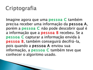 Imagine agora que uma  pessoa C  também precisa receber uma informação da  pessoa   A , porém a  pessoa C  não pode descobrir qual é a informação que a  pessoa   B  recebeu. Se a  pessoa C  capturar a informação envida à  pessoa B , também conseguirá decifrá-la, pois quando a  pessoa   A  enviou sua informação, a  pessoa C  também teve que conhecer o algoritmo usado.  