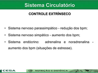 • Sistema nervoso parassimpático - redução dos bpm;
• Sistema nervoso simpático - aumento dos bpm;
• Sistema endócrino: adrenalina e noradrenalina -
aumento dos bpm (situações de estresse).
CONTROLE EXTRÍNSECO
 
