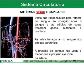 ARTÉRIAS, VEIAS E CAPILARES
Veias são responsáveis ​​pelo retorno
do sangue ao coração após o
sangue e as células do corpo
trocarem gases, nutrientes e
resíduos.
As veias transportam o sangue rico
em gás carbônico.
A pressão do sangue nas veias é
menor que a pressão exercida
na artéria
 