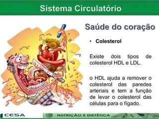 • Colesterol
Existe dois tipos de
colesterol HDL e LDL.
o HDL ajuda a remover o
colesterol das paredes
arteriais e tem a função
de levar o colesterol das
células para o fígado.
 