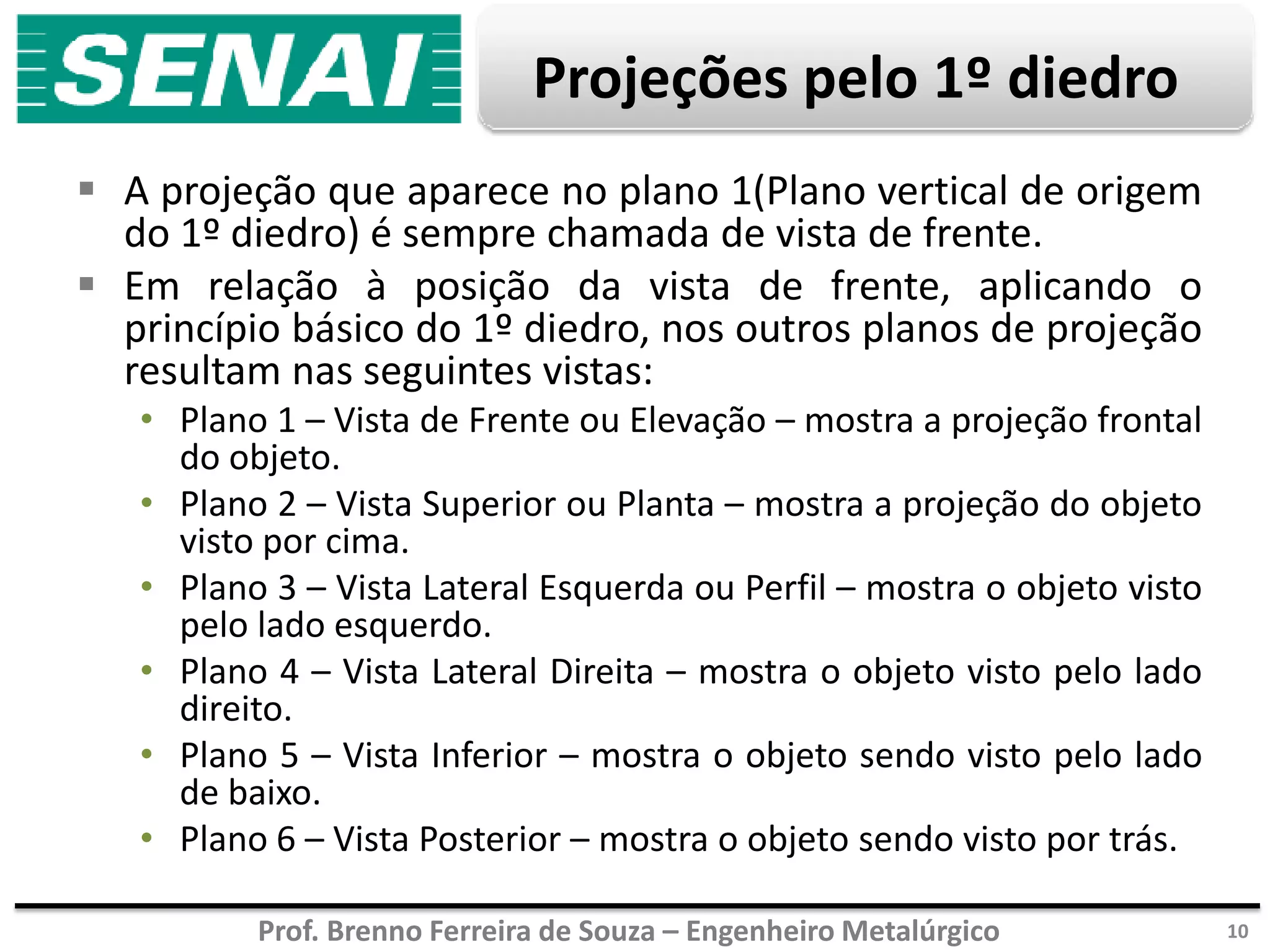 Prof. Brenno Ferreira de Souza – Engenheiro Metalúrgico
Projeções pelo 1º diedro
 A projeção que aparece no plano 1(Plano vertical de origem
do 1º diedro) é sempre chamada de vista de frente.
 Em relação à posição da vista de frente, aplicando o
princípio básico do 1º diedro, nos outros planos de projeção
resultam nas seguintes vistas:
• Plano 1 – Vista de Frente ou Elevação – mostra a projeção frontal
do objeto.
• Plano 2 – Vista Superior ou Planta – mostra a projeção do objeto
visto por cima.
• Plano 3 – Vista Lateral Esquerda ou Perfil – mostra o objeto visto
pelo lado esquerdo.
• Plano 4 – Vista Lateral Direita – mostra o objeto visto pelo lado
direito.
• Plano 5 – Vista Inferior – mostra o objeto sendo visto pelo lado
de baixo.
• Plano 6 – Vista Posterior – mostra o objeto sendo visto por trás.
10
 