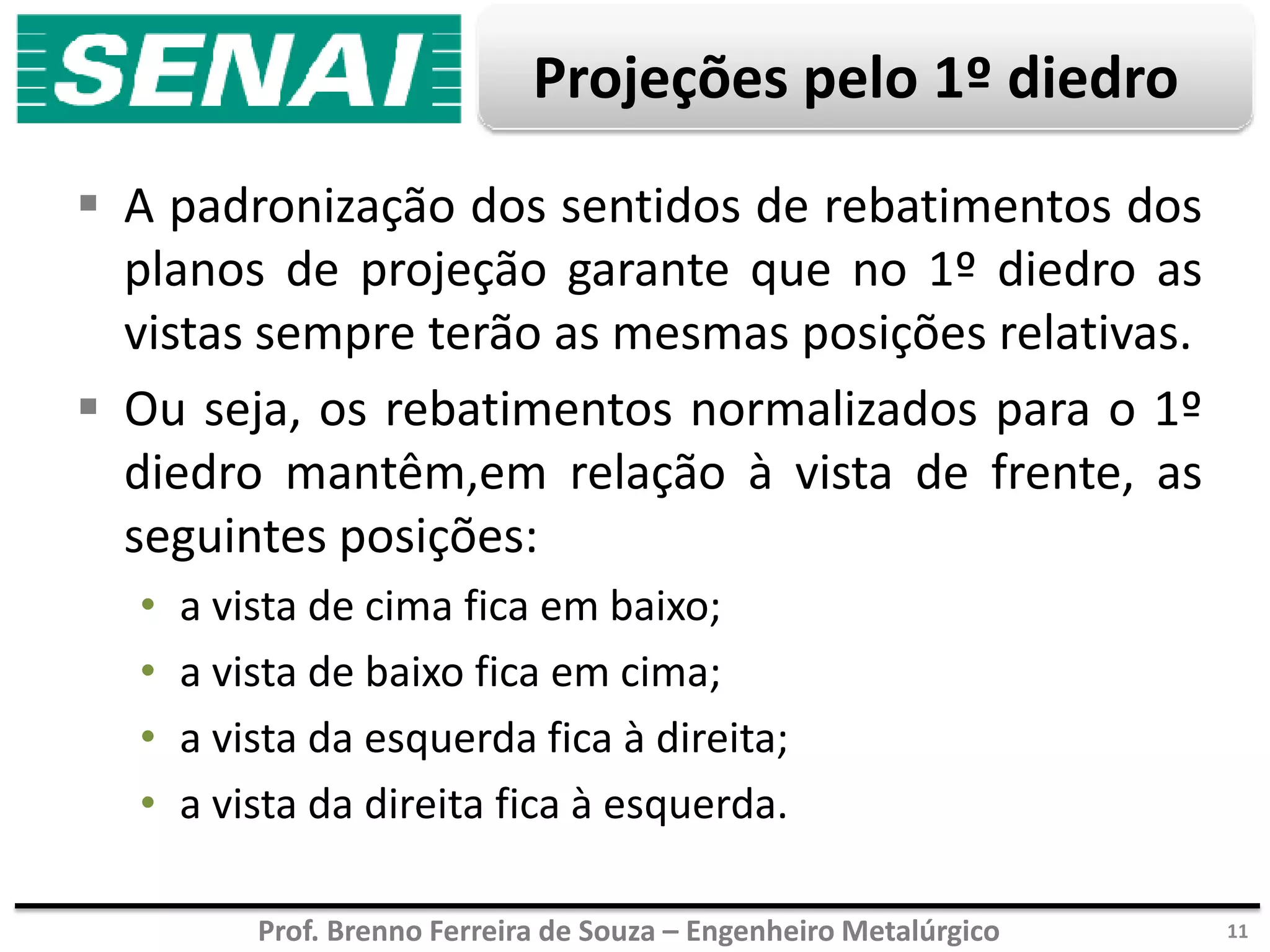 Prof. Brenno Ferreira de Souza – Engenheiro Metalúrgico
Projeções pelo 1º diedro
 A padronização dos sentidos de rebatimentos dos
planos de projeção garante que no 1º diedro as
vistas sempre terão as mesmas posições relativas.
 Ou seja, os rebatimentos normalizados para o 1º
diedro mantêm,em relação à vista de frente, as
seguintes posições:
• a vista de cima fica em baixo;
• a vista de baixo fica em cima;
• a vista da esquerda fica à direita;
• a vista da direita fica à esquerda.
11
 