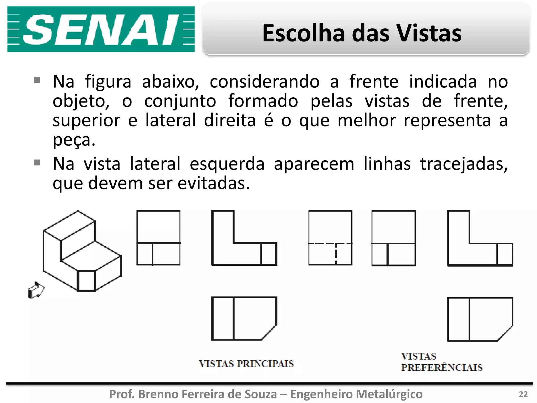 Prof. Brenno Ferreira de Souza – Engenheiro Metalúrgico
Escolha das Vistas
 Na figura abaixo, considerando a frente indicada no
objeto, o conjunto formado pelas vistas de frente,
superior e lateral direita é o que melhor representa a
peça.
 Na vista lateral esquerda aparecem linhas tracejadas,
que devem ser evitadas.
22
 