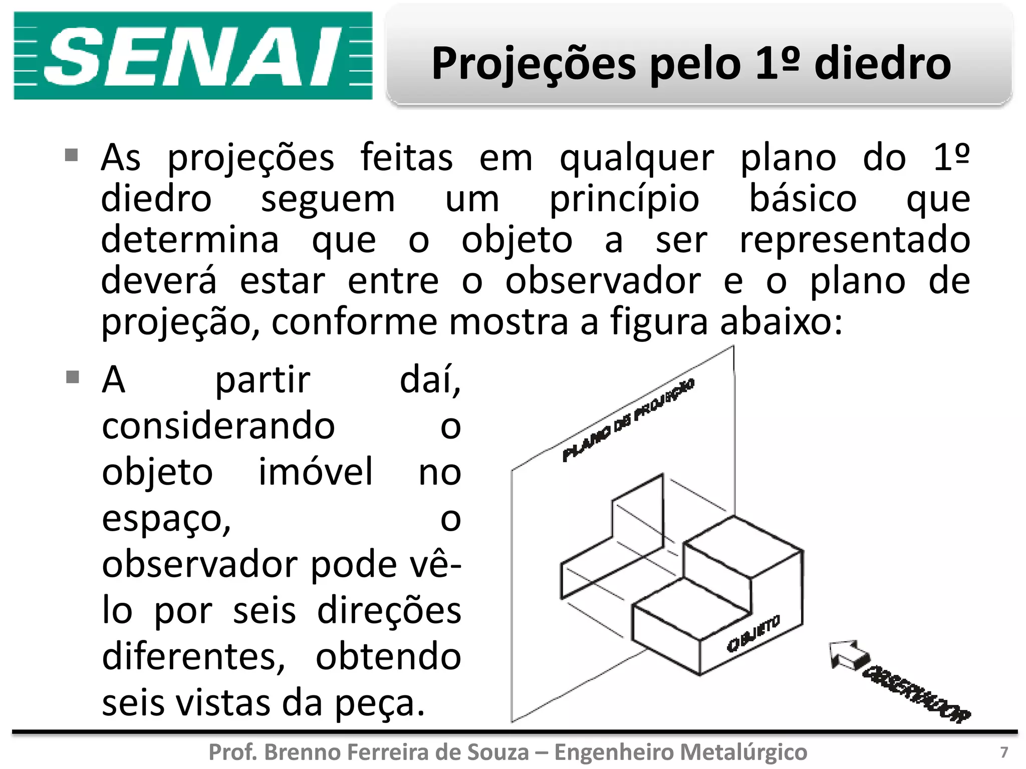 Prof. Brenno Ferreira de Souza – Engenheiro Metalúrgico
Projeções pelo 1º diedro
 As projeções feitas em qualquer plano do 1º
diedro seguem um princípio básico que
determina que o objeto a ser representado
deverá estar entre o observador e o plano de
projeção, conforme mostra a figura abaixo:
7
 A partir daí,
considerando o
objeto imóvel no
espaço, o
observador pode vê-
lo por seis direções
diferentes, obtendo
seis vistas da peça.
 