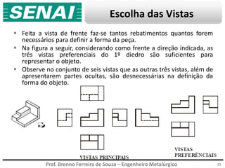 Prof. Brenno Ferreira de Souza – Engenheiro Metalúrgico
Escolha das Vistas
 Feita a vista de frente faz-se tantos rebatimentos quantos forem
necessários para definir a forma da peça.
 Na figura a seguir, considerando como frente a direção indicada, as
três vistas preferenciais do 1º diedro são suficientes para
representar o objeto.
 Observe no conjunto de seis vistas que as outras três vistas, além de
apresentarem partes ocultas, são desnecessárias na definição da
forma do objeto.
21
 