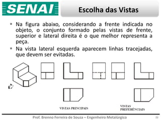 Prof. Brenno Ferreira de Souza – Engenheiro Metalúrgico
Escolha das Vistas
 Na figura abaixo, considerando a frente indicada no
objeto, o conjunto formado pelas vistas de frente,
superior e lateral direita é o que melhor representa a
peça.
 Na vista lateral esquerda aparecem linhas tracejadas,
que devem ser evitadas.
22
 