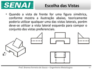 Prof. Brenno Ferreira de Souza – Engenheiro Metalúrgico
Escolha das Vistas
 Quando a vista de frente for uma figura simétrica,
conforme mostra a ilustração abaixo, teoricamente
poderia utilizar qualquer uma das vistas laterais, porém
deve-se utilizar a vista lateral esquerda para compor o
conjunto das vistas preferenciais.
23
 