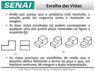 Prof. Brenno Ferreira de Souza – Engenheiro Metalúrgico
Escolha das Vistas
 Ainda que pareça que o problema está resolvido, a
solução pode ser enganosa como é mostrado na
imagem.
 As duas vistas escolhidas (a) podem corresponder a
qualquer uma das quatro peças mostradas na figura a
esquerda (b).
 As vistas precisam ser escolhidas de modo que o
desenho defina fielmente a forma da peça e que, em
hipótese nenhuma, dê margem a dupla interpretação.
25
 