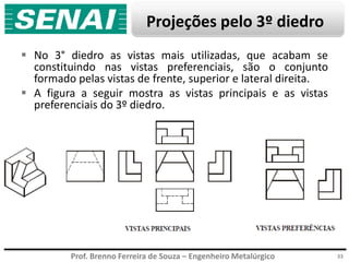 Prof. Brenno Ferreira de Souza – Engenheiro Metalúrgico
Projeções pelo 3º diedro
 No 3° diedro as vistas mais utilizadas, que acabam se
constituindo nas vistas preferenciais, são o conjunto
formado pelas vistas de frente, superior e lateral direita.
 A figura a seguir mostra as vistas principais e as vistas
preferenciais do 3º diedro.
33
 