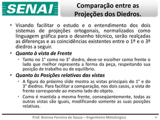 Prof. Brenno Ferreira de Souza – Engenheiro Metalúrgico
Comparação entre as
Projeções dos Diedros.
 Visando facilitar o estudo e o entendimento dos dois
sistemas de projeções ortogonais, normalizados como
linguagem gráfica para o desenho técnico, serão realçadas
as diferenças e as coincidências existentes entre o 1º e o 3º
diedros a seguir.
 Quanto à vista de Frente
• Tanto no 1° como no 3° diedro, deve-se escolher como frente o
lado que melhor representa a forma da peça, respeitando sua
posição de trabalho ou de equilíbrio.
 Quanto às Posições relativas das vistas
• A figura do próximo slide mostra as vistas principais do 1° e do
3° diedros. Para facilitar a comparação, nos dois casos, a vista de
frente corresponde ao mesmo lado do objeto.
• Como é mantida a mesma frente, conseqüentemente, todas as
outras vistas são iguais, modificando somente as suas posições
relativas.
37
 